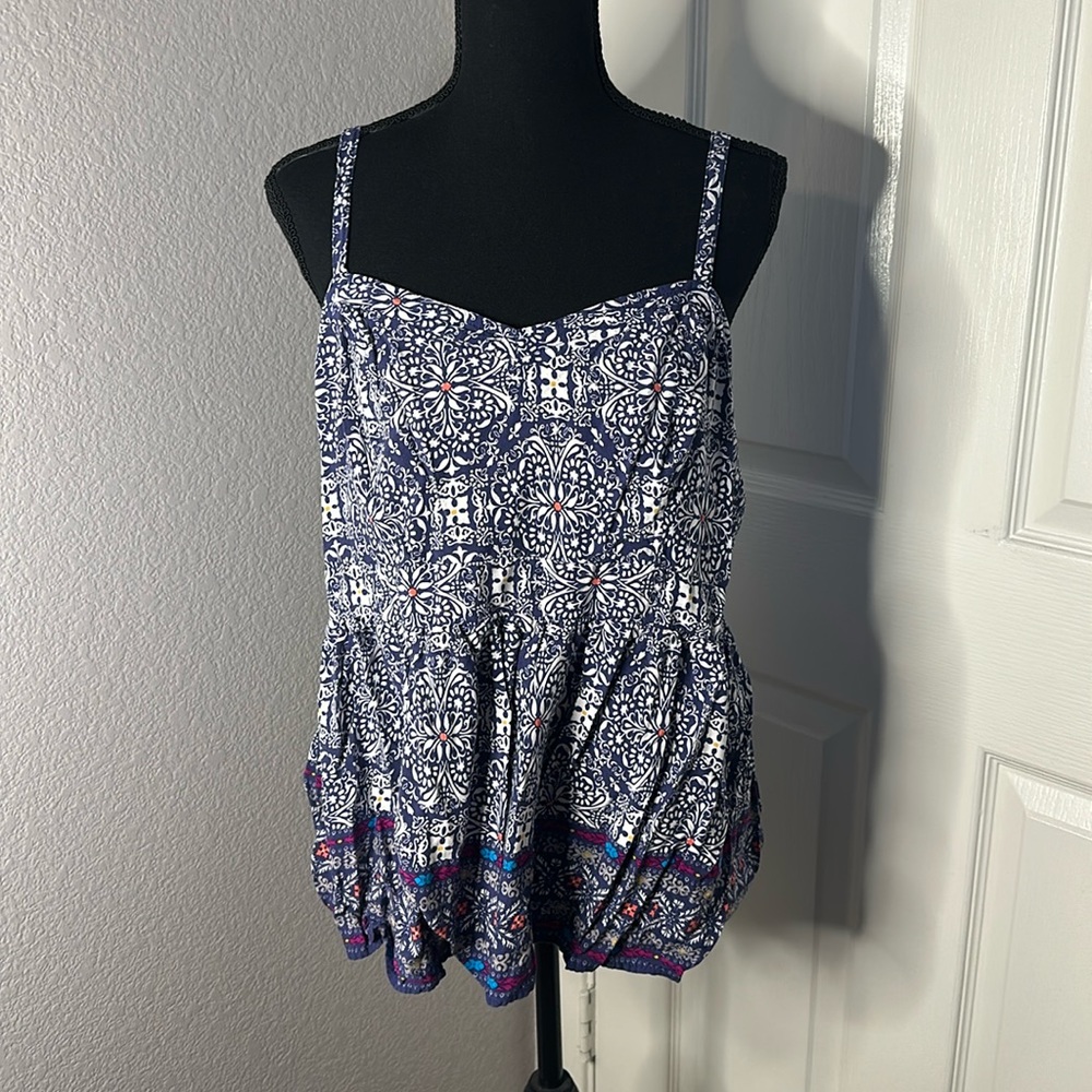 Torrid Blue Patterned Shirred Tank Top - Size 1/1X